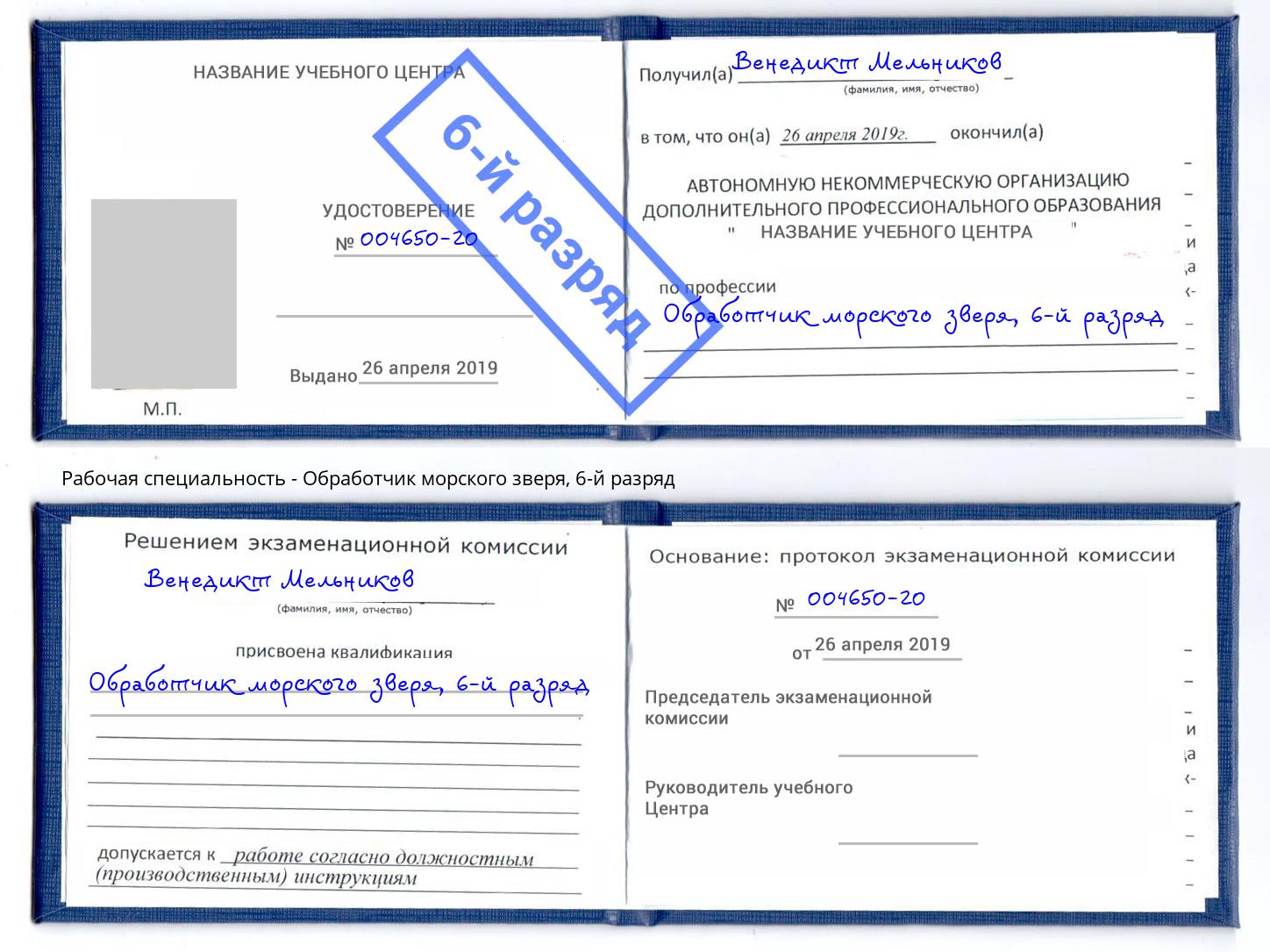 корочка 6-й разряд Обработчик морского зверя Тимашевск