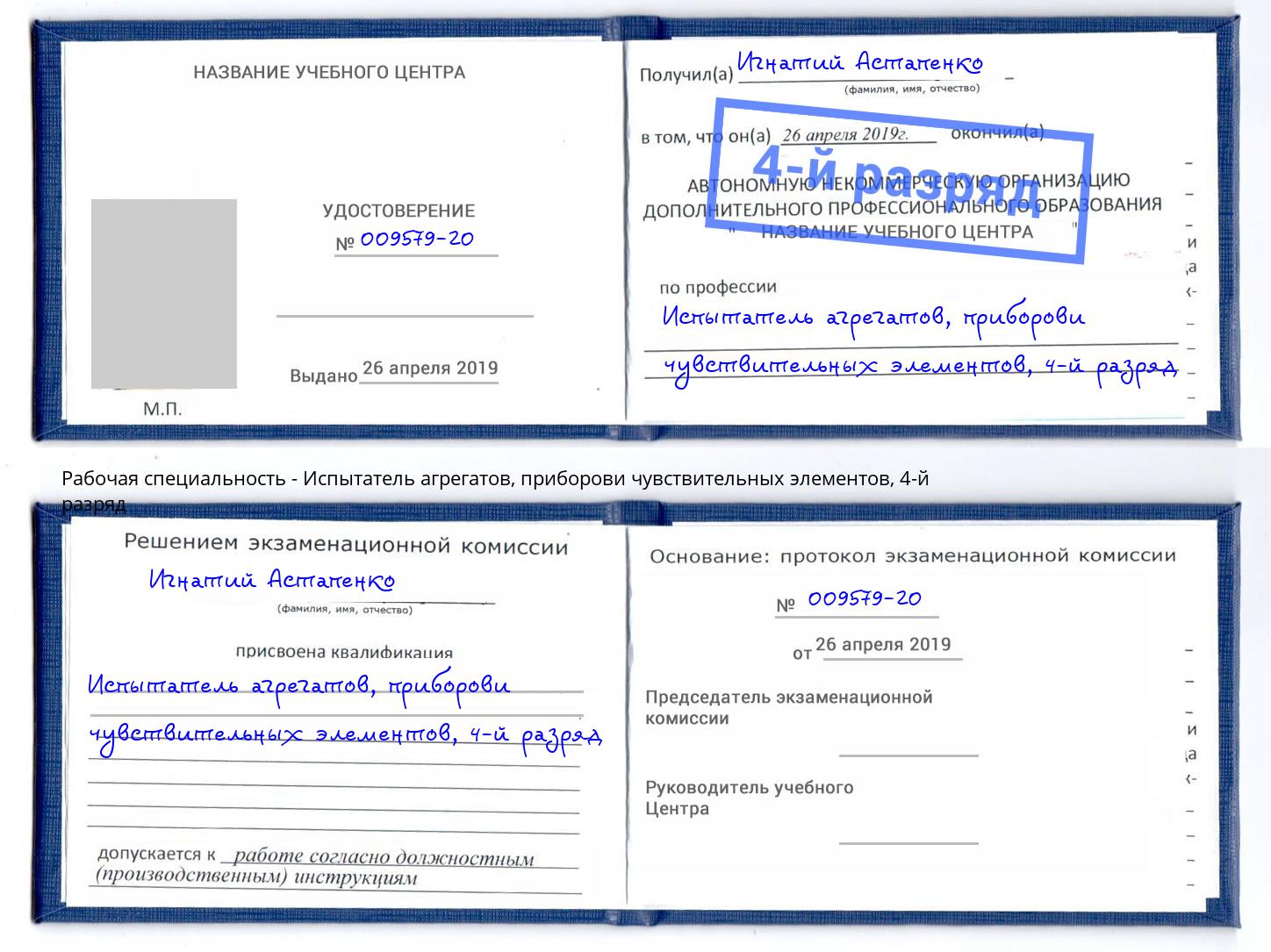 корочка 4-й разряд Испытатель агрегатов, приборови чувствительных элементов Тимашевск